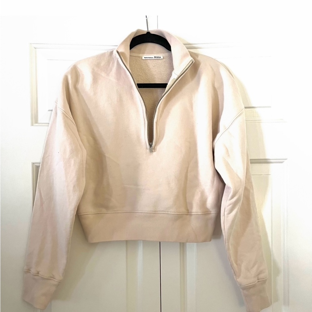 Reformation Marla 1/2 zip up high neck drop sleeve sweatshirt 
Vintage White